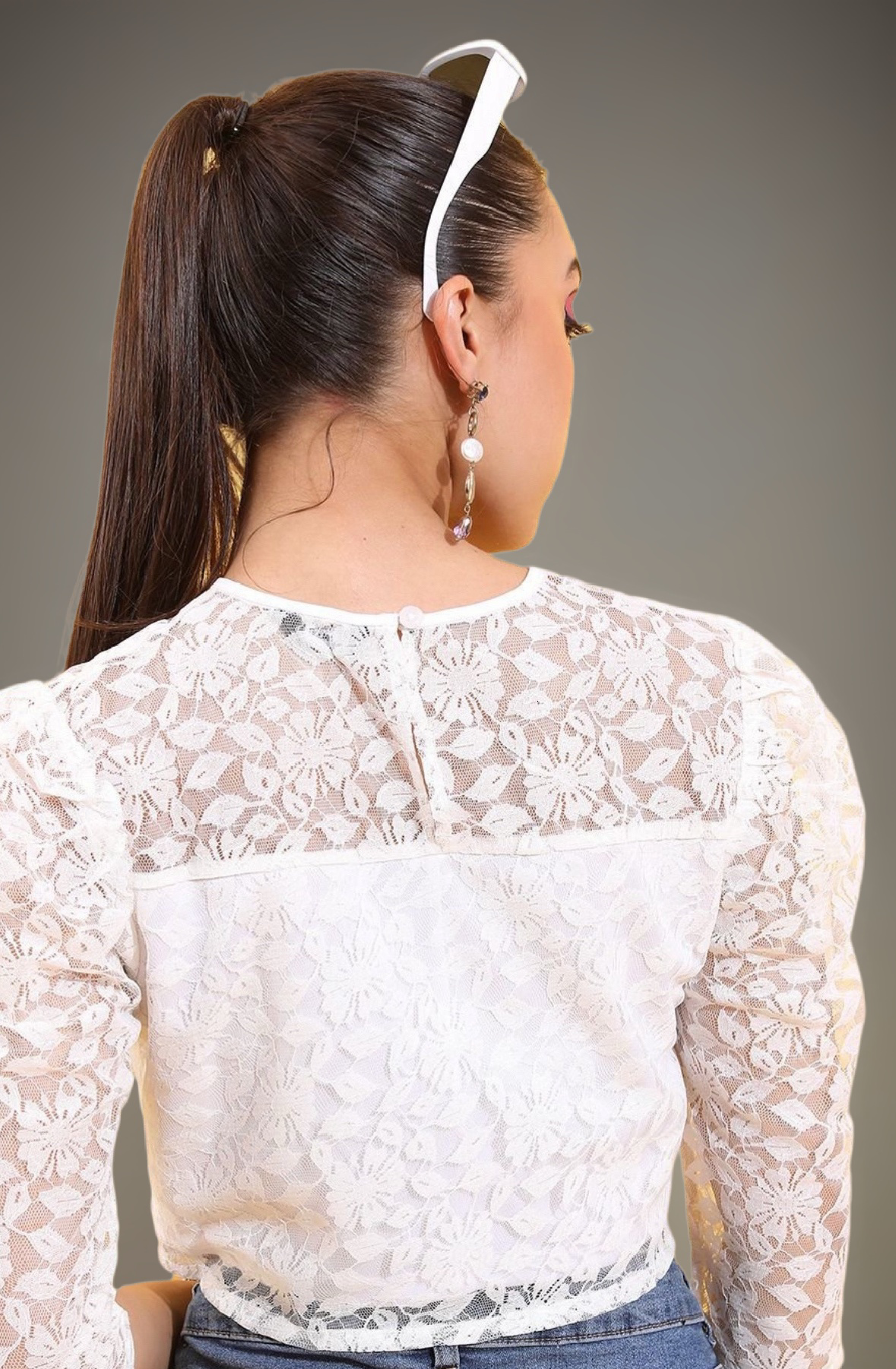 White Round Neck Net Top