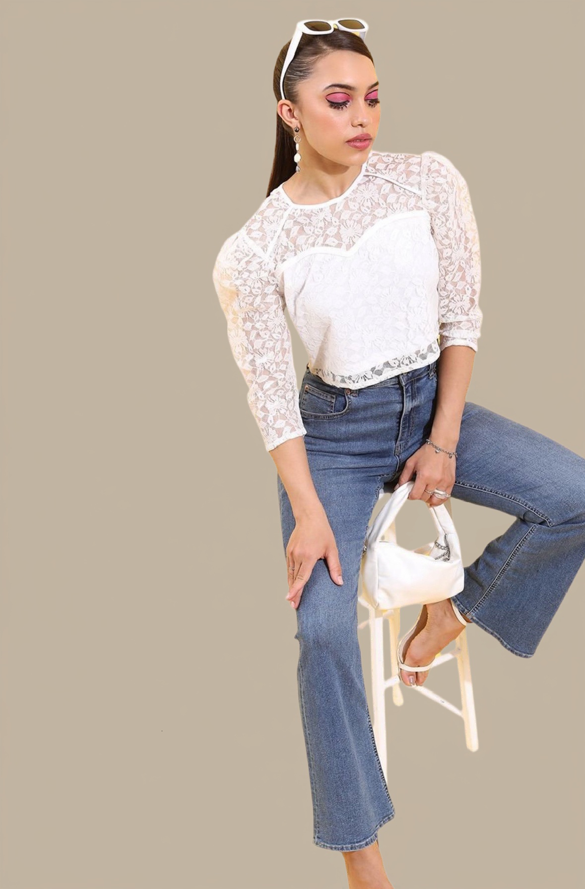 White Round Neck Net Top