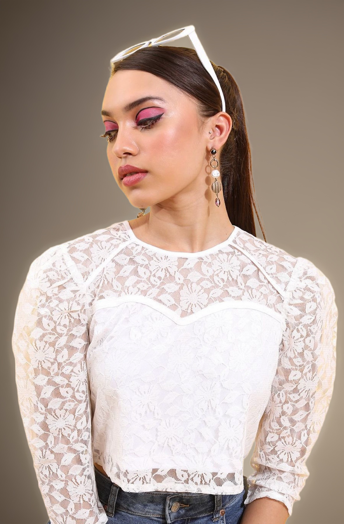 White Round Neck Net Top