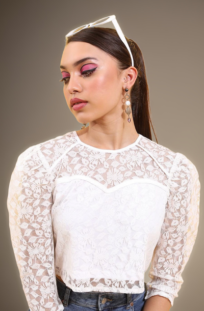 White Round Neck Net Top