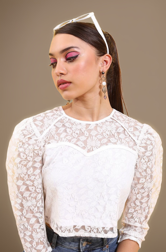 White Round Neck Net Top
